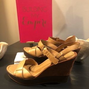 Cole Haan Tan Leather Brown Suede Platform Wedge
